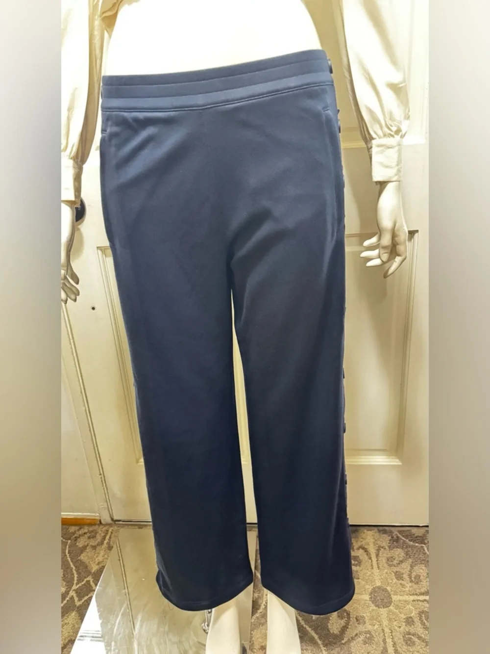 Tory Burch Women’s Navy Wide-Leg Button-Trim Pants Size Small